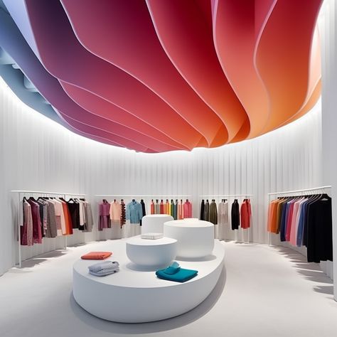 Retail shop interior inspiration, minimalistic white interior with an eye-catching futuristic ombré ceiling. Futuristic Store Interior, Futuristic Retail Store, Futuristic Clothing Store, Organic Ceiling Design, Futuristic House Interior, Ombre Interior, Minimalist Futuristic, Futuristic Interior Design, Interior Clothing