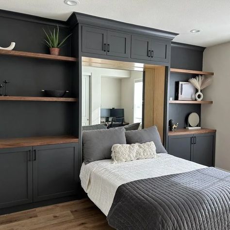 Murphy Bed Office, Spare Bedroom Office, Guest Bedroom Home Office, Build A Murphy Bed, Guest Bedroom/office, Bedroom Built Ins, Home Office/guest Room, Murphy Bed Desk, Modern Murphy Beds