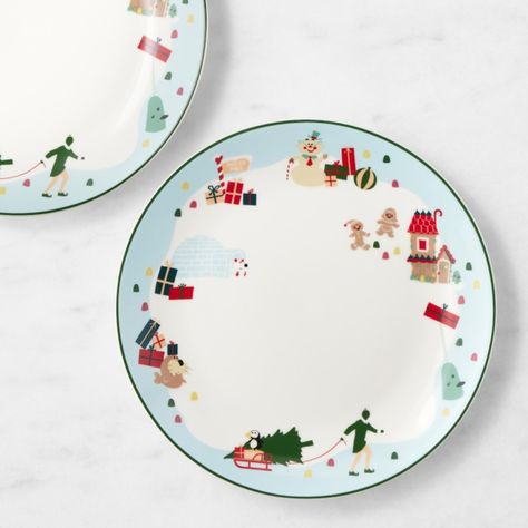 "The best way to spread Christmas cheer is singing loud for all to hear!" The next-best way is to set a holiday table with dinnerware inspired by the movie "Elf." These pure porcelain plates feature icy blue borders with hand-applied decorative decals, including a trio of the story's most memorable characters. The plates are a fun, elfin way to enjoy meals and snacks this time of year. Set of 4. Made of porcelain with hand-applied decals. Finished with scratch-resistant clear glaze. Handcraftsmanship makes each piece unique. A Williams Sonoma exclusive. (TM) & (C) New Line Productions, Inc. Elf Holiday Decorations, Halloween Menu, Holiday Plates, Diy Pottery Painting, Kids Pottery, Organization Furniture, Appetizer Plates, Icy Blue, Diy Pottery