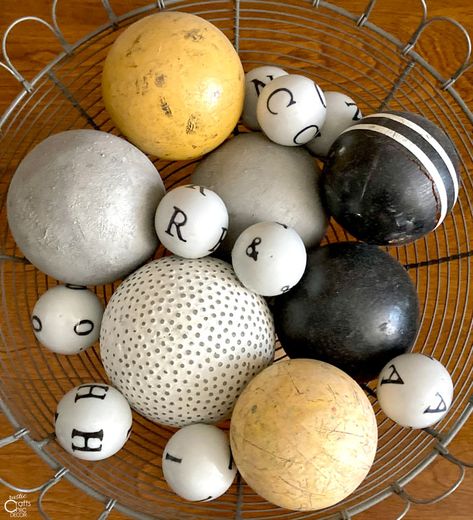 Ideas For Decorating With Balls - Rustic Crafts & Chic Decor Decorative Balls Centerpiece, Coffee Table Trays Ideas, Croquet Balls, Coffee Table Trays, Vintage Pool, Tall Glass Vases, Twine Diy, Rustic Decorating, Decorative Balls