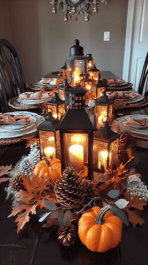 45+ Thanksgiving Centrepiece Ideas And DIYs For Your Table Whimsical Thanksgiving, November Table Decorations, Modern Farmhouse Thanksgiving Decor, Elegant Thanksgiving Decor, Simple Halloween Tablescape, Fall Table Runner Decor, Deco Table Halloween, Thanksgiving Table Scapes, Thanksgiving Tree Ideas