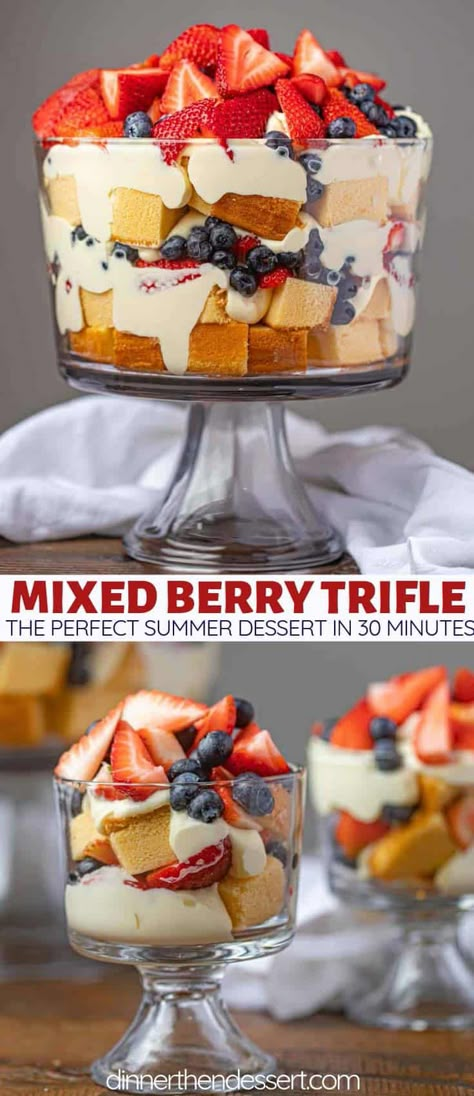 Berry Trifle is the perfect summer recipe with pound cake, pudding and strawberries and blueberries in just 30 minutes. And it's a showstopper with no meat! #berries #berrytrifle #trifle #mixedberrytrifle #dessert #summer #dinnerthendessert Summer Parfait Desserts, Mixed Berry Trifle, Pudding And Cream Cheese, Cream Cheese Custard, Fruit Trifle Recipes, Fruit Parfait Recipes, Summer Trifle, Custard Trifle, Trifle Bowl Recipes