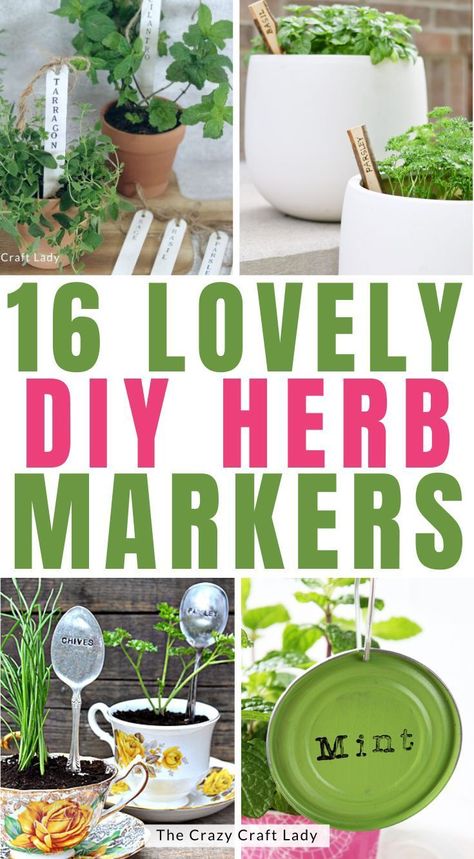 Lovely DIY Herb Markers - use wooden craft sticks, twigs, teaspoons, and tin can lids to label your herbs and houseplants Diy Plant Markers, Herb Garden Gift, Vegetable Garden Markers, Herb Gifts, Herb Garden Markers, Herb Garden Pots, Herb Labels, Wooden Craft Sticks, Plants In Jars