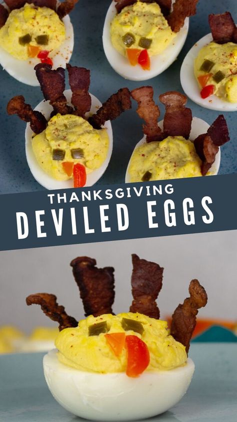 thanksgiving deviled eggs recipe Turkey Deviled Eggs, Thanksgiving Recipe Ideas, Low Carb Thanksgiving Recipes, Thanksgiving Deviled Eggs, Deviled Egg Recipe, Deviled Eggs Recipe Classic, Thanksgiving Snacks, Thanksgiving Appetizer Recipes, Thanksgiving Prep