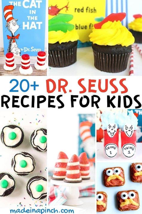 Tip your cap to Dr. Seuss! In honor of Dr. Seuss Dr Suess Snacks For Kids Food Ideas, Dr Seuss Treats For School, Dr Seuss Treats, Family Recipes Kid Friendly, Dr Suess Cakes, Candy Popcorn Recipe, Dr Seuss Cupcakes, Seuss Snacks, Seuss Cupcakes