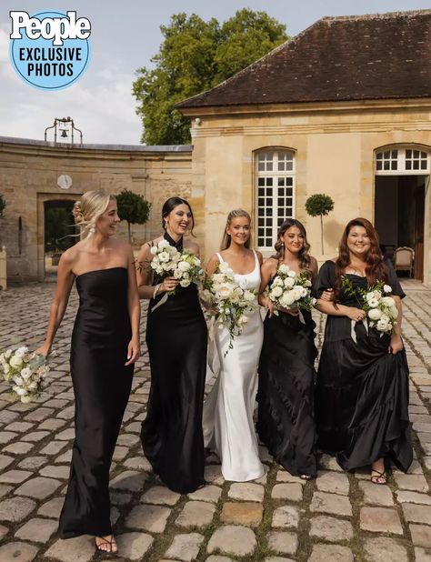 Mismatched Black Bridesmaids, Black Silk Bridesmaid Dress Wedding, Black Bridesmaid Dress Aesthetic, Black Moh Dress, Black Satin Bridal Party, Mix Matched Black Bridesmaid Dresses, Mix Match Bridesmaid Dresses Black, Black Mixed Bridesmaid Dresses, All Different Black Bridesmaid Dresses