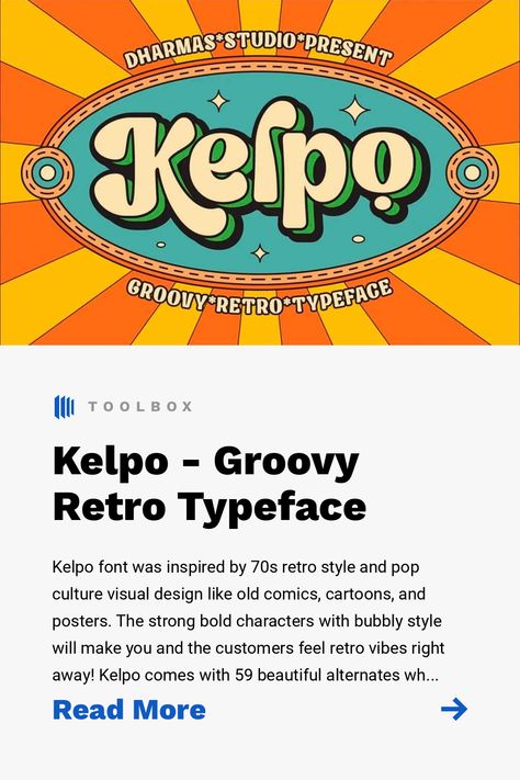 Kelpo font was inspired by 70s retro style and pop culture visual design like old comics, cartoons, and posters. The strong bold characters with bubbly style will make you and the customers feel retro vibes right away! Kelpo comes with 59 beautiful alternates which consist of 4 stylistic sets a perfect choice for many projects. 70s Retro Style, Unique Lettering, Font Creator, Retro Color Palette, Free Typeface, Groovy Font, Retro Typography, Graphic Design Photoshop, Design Photoshop