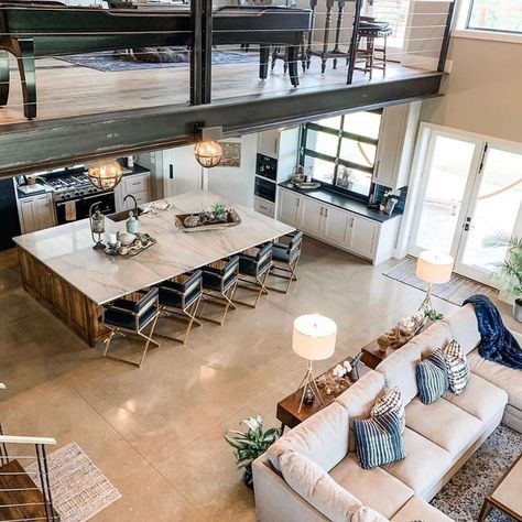 Barndominium on Instagram: “Amazing design and love the loft! View more pictures @barndominium_envy and thank you for sharing. #barndominiums #interiordesign…” Barndominium With Loft, Modern Industrial Home, Barndominium Interior, Metal Building House Plans, Barn House Interior, Dining Room Industrial, Barn House Design, Barndominium Ideas Interiors, Barndominium Floor Plans