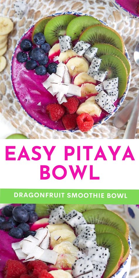 Oola Bowls Recipe, Pitaya Recipe, Dragon Fruit Acai Bowl, Pitaya Bowl Recipe, Dragonfruit Smoothie Bowl, Acia Bowls, Juice Cart, Smoothie Bowl Base, Dragon Fruit Bowl