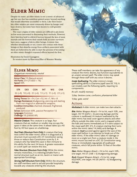 Dnd Mimic Homebrew, Mimic Dnd Stats, Mimic Stat Block, Monster Stat Blocks 5e, Dnd 5e Homebrew Monsters High Level, Easy Dnd Monsters, Dungeons And Dragons Homebrew Races, Dnd Enemy Sheet, D&d Mimic