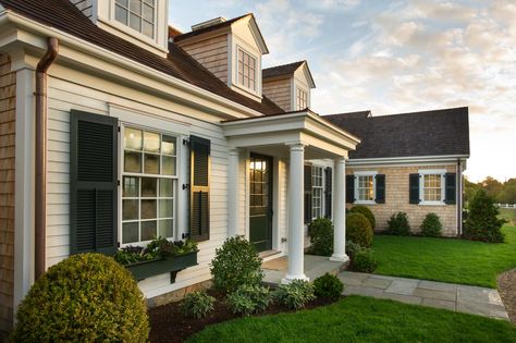 Columned portico idea #home Cape Cod Architecture, Hgtv Dream Homes, Green Shutters, Black Shutters, Thistlewood Farms, Hgtv Dream Home, Cape Cod House, Coastal Interiors, Front Entrances