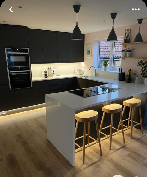 Kitchen With Island Apartment, Kitchen Unit Lighting Ideas, Small Modern Kitchens With Islands, Kitchen With Led Lights, Open Plan Kitchen Dining Living Layout, Small Kitchen With Island, Led Lights Kitchen, Small Open Plan Kitchen Living Room, Contrasting Kitchen