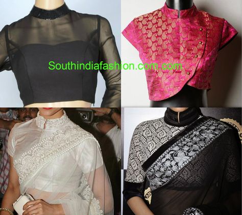 stand collar neck saree blouse designs 2015 Collar Neck Blouse Designs, Chinese Collar Blouse, Collar Neck Blouse, Neck Blouse Designs, Latest Saree Blouse, Sari Blouses, Stand Collar Blouse, Blouse Images, Blouse Designs High Neck