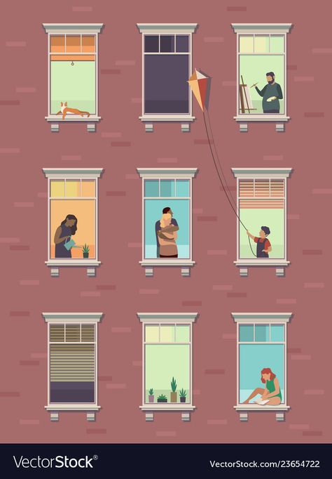 Building Window Illustration, People In Windows Illustration, Open Window Illustration, People In Windows, Apartment Illustration, Windows Illustration, Window Cartoon, Apartment Windows, Buildings Illustration