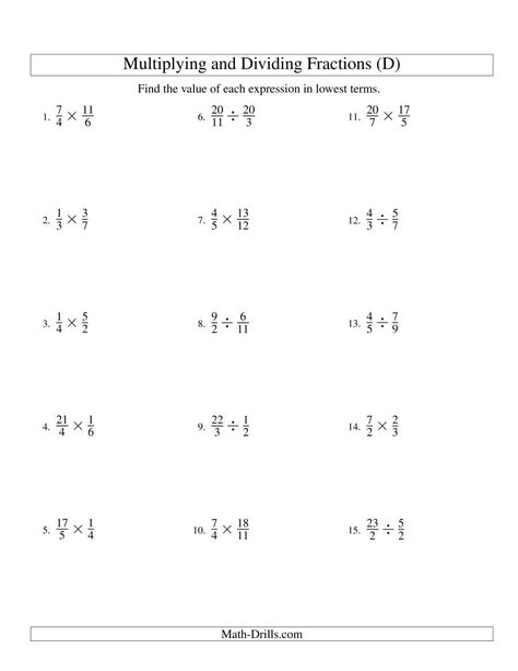 The Multiplying and Dividing Fractions (D) Math Worksheet from the Fractions Worksheets Page at Math-Drills.com. Divide Worksheet, Dividing Fractions Worksheets, Fractions Division, Multiplying Fractions Worksheets, Multiplying And Dividing Fractions, Negative Numbers Worksheet, Multiplying And Dividing Integers, Multiplication And Division Worksheets, Math Fractions Worksheets