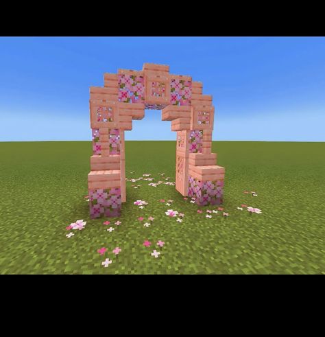 Minecraft Front Yard Design, Cute Minecraft Builds Couples, Cute Minecraft Entrance Ideas, Quartz Fountain Minecraft, Minecraft Cute Animal Builds, Minecraft Wedding Arch, Cherry Archway Minecraft, Mincraft Archways, Pink Horse Stable Minecraft