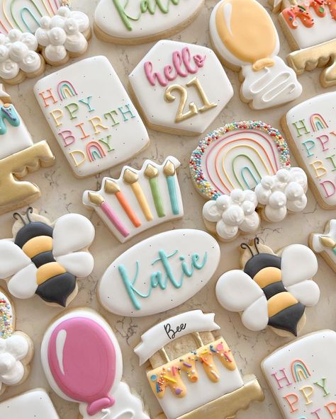 Happy 21st Birthday, Bee! 🥳 . . .... - The Cookie Haven 21st Cookie Ideas, 21st Birthday Cookies Decorated, 21st Birthday Cookies For Girl, 21st Birthday Cookies, Balloon Cookies, Bee Cookies, Cookies Birthday, Candle Cookies, Cookie Cake Birthday