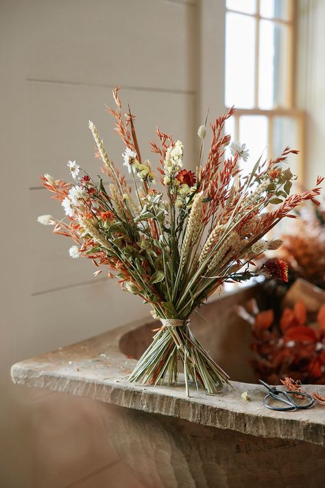 A beautiful gift or long-lasting natural adornment for your own home, this large-scale bouquet features a colorful mix of dried botanicals including strawflowers, safflowers, wheat, and eucalyptus. Prairie Wedding, Dried Botanicals, Fall Floral Decor, Dried Wheat, Rustic Bouquet, Fall Arrangements, Fruit Flowers, Harvest Decorations, Flowering Plants