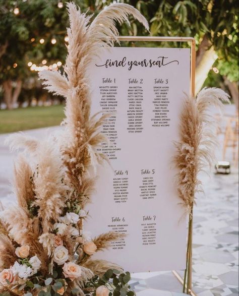 Boho Table Seating Chart Wedding, Pampas Grass Seating Chart, Boho Seating Chart Wedding Ideas, Beach Wedding Table Seating Chart, Boho And Greenery Wedding, Greenery And Pampas Grass Wedding Decor, Boho Pompous Grass Wedding, Greenery Pampas Wedding, Boho With Greenery