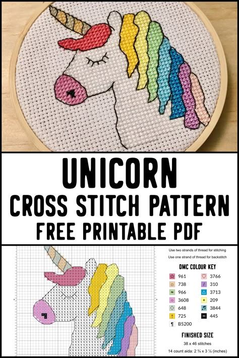 Free Unicorn cross stitch pattern - printable pdf file, using DMC colours. Unicorn Cross Stitch, Unicorn Cross Stitch Pattern, Free Cross Stitch Pattern, Cross Stitch Beginner, Cross Stitch Freebies, Free Cross Stitch Patterns, Cross Stitch For Kids, Pattern Printable, Cross Stitch Love