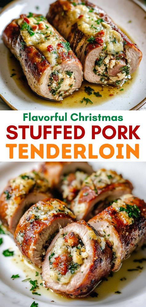 This Flavorful Christmas Stuffed Pork Tenderloin is the perfect dish for your holiday feast. Packed with herbs, spices, and delicious stuffing, this tenderloin is sure to impress your family and friends. Serve it alongside your favorite sides for a memorable Christmas dinner. Easy to prepare and full of flavor, it’s a holiday recipe you won't want to miss! Cider Roasted Pork Tenderloin Ina Garten, Pork Tenderloin With Gorgonzola Sauce, Best Stuffed Pork Tenderloin Recipe, Pork Tenderloin Stuffed With Spinach, Stuffed Loin Of Pork, Appetizers Using Pork Tenderloin, Apple Stuffing Pork Tenderloin, Stuffing Pork Tenderloin, Delicious Pork Tenderloin Recipes