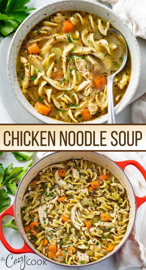 This Homemade Chicken Noodle Soup recipe is easy to make on the Stove Top or the Crock Pot! It has the best mix of seasonings, egg noodles, and can be made with chicken breast, chicken thighs, or rotisserie chicken. One Pot Chicken Noodle Soup, Chicken Noodle Soup Stove Top, Simple Chicken Noodle Soup, Stove Top Soup, Chicken And Egg Noodles, Best Chicken Noodle Soup, Chicken Noodle Soup Easy, Cooking Chicken To Shred, One Pot Chicken