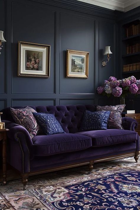 2024-wall-color-trends-5 Dark Boho Living Room, Velvet Sofa Living Room, Dark Blue Bedrooms, Purple Living Room, Deco Living Room, Blue Accent Walls, Art Deco Living Room, Sofa L, Set Sofa