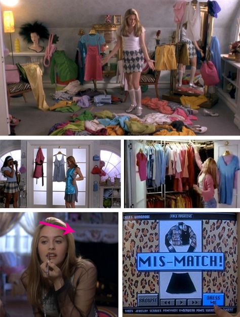 Cher's closet and outfit matching from CLUELESS Cher Room Clueless, Cher Clueless Bedroom, Cher Horowitz Bedroom, Clueless Room, Clueless Bedroom, Alicia Silverstone 90s, Clueless Closet, Movie Bedroom, Beer Room