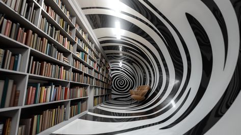 Optical Illusion of Library with Swirls Long Bookshelf, Black And White Spiral, Inspirational Digital Art, Brown Armchair, Darkest Dungeon, Bright Lighting, Gas Giant, Optical Illusions Art, Visual Perception