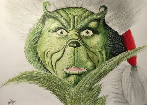 Grinch Christmas Artwork, The Grinch Artwork, Realistic Grinch Drawing, Cool Christmas Drawings, Christmas Colored Pencil Drawings, Grinch Drawing Art, The Grinch Painting, Grinch Drawings, The Grinch Drawing