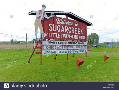 'Welcome to Sugarcreek the Little Switzerland of Ohio' wooden sign on the side of the road in Sugarcreek, Tuscarawas County, Ohio, USA. Sugarcreek Ohio, Ohio Usa, Finger Lakes, Amish Country, Summer 22, Lake Erie, Trip Ideas, Great Lakes, Wooden Sign