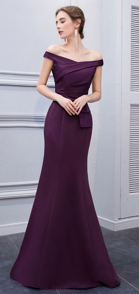 Anniversary Dresses, Simple Evening Dress, Off Shoulder Evening Gown, Evening Dress Patterns, Purple Evening Dress, Off Shoulder Evening Dress, Satin Evening Dresses, Purple Satin, Mermaid Evening Dresses