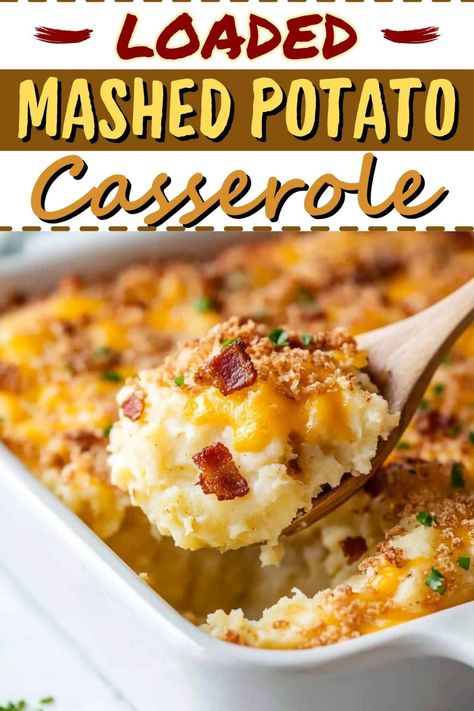 This loaded mashed potato casserole is easy, cheesy, and delicious! It's packed with mashed potatoes, cream cheese, bacon, and more! Twice Baked Potato Casserole With Bacon, Potato’s For A Crowd, Mashed Potato Breakfast Casserole, Cheese Potatoes Baked, Mashed Potatoes Cream Cheese, Mashed Potatoes Casserole, Easy Potato Side Dishes, Potatoes Cream Cheese, Cheesy Mashed Potatoes Recipe