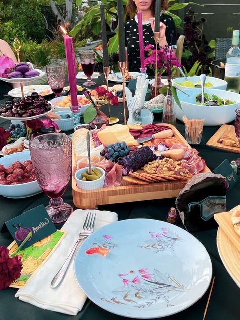 Table Scape and Menu for Friday the 13th Dinner Party Practical Magic Brunch, Fairy Dinner Party Food, Practical Magic Dinner Party, Witch Dinner Party, Witch Brunch, 13th Party Ideas, Fairy Dinner Party, Friday The 13th Party Ideas, Witches Brunch