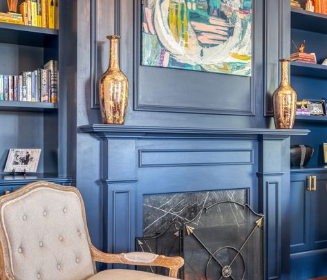 Victorian fireplace, built-ins, navy blue wall Painted Built In Bookshelves Around Fireplace, Fireplace Mantle With Built Ins, Navy Built Ins With Fireplace, Navy Mantle, Blue Fireplace Mantel, Navy Fireplace Wall, Blue Fireplace Wall, Navy Blue Fireplace, Full Wall Fireplace