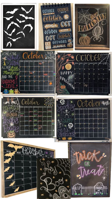 Halloween Dry Erase Board Ideas, October Calendar Ideas Whiteboard, Cute Whiteboard Calendar Ideas, Chalkboard Command Center, Chalkboard Wall Calendars, Calendar Doodles, Halloween Calendar, Halloween Chalkboard, Work Calendar