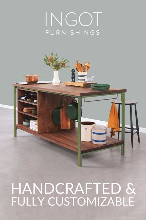 Handcrafted and fully custoizable kitchen worktable by Ingot Furnishings.  Your custom kitchen island alternative Wood And Steel Kitchen, Kitchen Island Alternatives, California Style Decor, Urban Kitchen Design, Kitchen Prep Table, Butcher Block Kitchen Island, Kitchen Work Tables, Medium Kitchen, Freestanding Kitchen Island