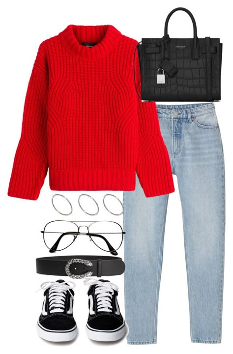 "Untitled #3049" by theeuropeancloset on Polyvore featuring Monki, Dsquared2, ASOS, ZeroUV and Gucci Red Jumper Outfit, Red Sweater Outfit, Capsule Wardrobe Casual, Blue Jean Outfits, Casual Outfit Inspiration, Mode Casual, Outfit Inspiration Fall, Fashion Hacks Clothes, Winter Fashion Outfits