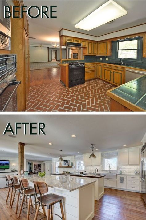 BEFORE AND AFTER KITCHEN REMODEL Kitchen Renovation Design, Old Houses Renovation, Home Remodel Before And After, Gallery Kitchen, Living Colors, House Makeovers, House Before And After, Old Home Remodel, Farmhouse Renovation