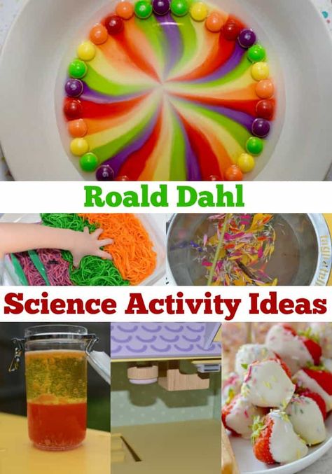 Roald Dahl Science Activity Ideas #RoaldDahl #WorldBookDay #RoaldDahlScience #RoaldDahlActivities #RoaldDahlCrafts Roald Dahl Day Activities, Matilda Activities For Kids, Charlie And The Chocolate Factory Crafts, Giant Sweets, Roald Dahl Activities, Skittles Experiment, Ronald Dahl, Georges Marvellous Medicine, Roald Dahl Day