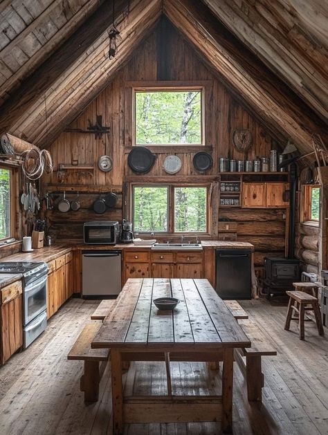 Tiny Cabin Kitchen Ideas, Off Grid Cabin Interior, Cabin Interiors Kitchen, Tiny Cabin Kitchen, Rustic Cabin Kitchen, Small Rustic House, Simple Cabin, Cottage Tiny House, Tiny Kitchen Design