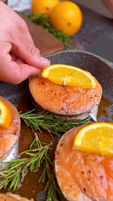 Only Dish™ ツ | #OnlyDish by @vasilymishlen - SALMON STEAK RECIPE for your holiday table 🎄🍊 It turns out sooo beautiful and tasty 🤤 How do you like the... | Instagram Salmon Steak Recipes, Food Plating Techniques, Grilled Salmon Recipes, Shrimp Recipes For Dinner, Fine Dining Recipes, Cooking Seafood, Healthy Homemade Recipes, Buffet Food, Chicken Recipes Casserole