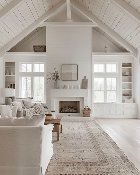 This living room totally captures the modern farmhouse vibe I love! With its vaulted ceilings and shiplap walls, it feels open and airy, but still super cozy. The built-in shelves around the fireplace? Such a great way to add a personal touch with your favorite decor, while keeping everything organized. I’m all about the mix of soft neutrals and textured accents that give the space warmth without feeling cluttered. Plus, with those big windows letting in all that natural light, it’s the perfe... Beams For Vaulted Ceilings, Vaulted Ceiling Family Room, Fireplace With Built Ins On Both Sides Vaulted Ceiling, Wood Vaulted Ceiling Living Room, Fireplace With Vaulted Ceiling, Shiplap Vaulted Ceiling, Tall Ceiling Living Room, Backyard Cabana, Cathedral Ceiling Living Room