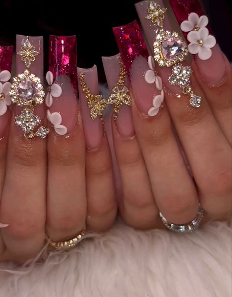 Hot Pink Quince Nails, Magenta Nails Design, Blinged Out Nails Rhinestones, Pink Gem Nails, Prom 2k24, Acrylic Nail Designs Classy, Magenta Nails, Quince Nails, Quinceanera Nails