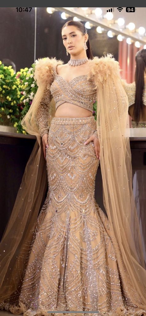 Engagement Gowns Indian Brides, Dress For Sangeet Function, Reception Outfit For Bride Indian, Reception Dress Bride Indian, Fish Cut Gown, Bride Reception Dresses, Fish Cut, Engagement Gowns, Wedding Outfits For Women