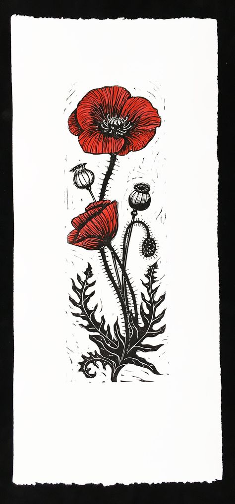 Poppy linocut print by Alynn Guerra Poppy Botanical, Floral Linocut Prints, Poppy Block Print, Flower Linocut Print, Poppy Lino Print, Leaf Linocut, Poppy Linocut, Poppy Illustration, Linocut Flowers