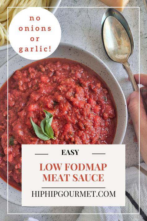 bowl of low fodmap meat sauce with fresh basil on top, hand holding 2 spoons next to it, plate of pasta on top Low Fodmap Bolognese, Low Fodmap Tomato Sauce, Low Fodmap Spaghetti Sauce, Low Fodmap Pasta Sauce, Fodmap Spaghetti Sauce, Low Fodmap Side Dishes, Low Fodmap Pasta Recipes, Low Fodmap High Protein, Fodmap Pasta Sauce