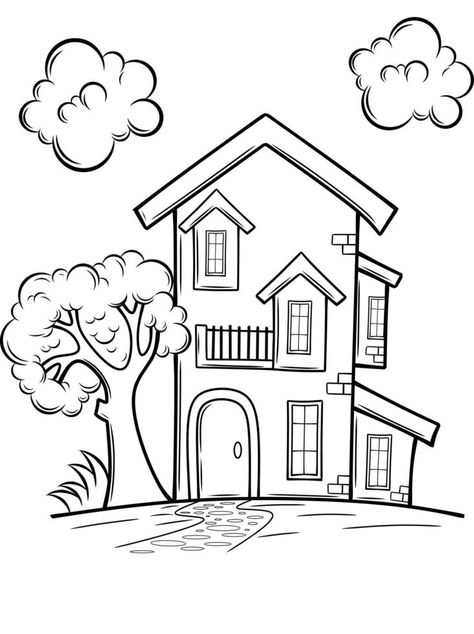 House Coloring book for adult and older children Simple House Drawing, House Drawing For Kids, Easy Scenery Drawing, Chibi Coloring Pages, Minions Coloring Pages, House Colouring Pages, Coloring Art, Drawing Color, Easy Drawings For Kids