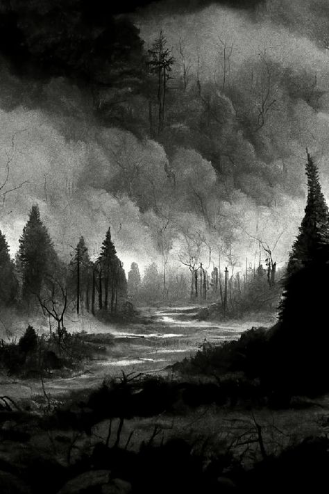 A terrifying picture of a forest from horror. Very foggy and dark The Forbidden Forest, Forbidden Forest, Forest Drawing, Black Metal Art, Dark Paintings, Dark Spirit, Dark Fantasy Artwork, Dark Landscape, Dark Artwork