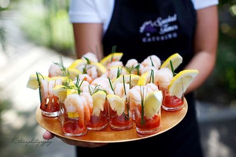 Shrimp Cocktail hors d'oeuvres passed by Special Times Catering in Chico, CA Appetizer Party Menu, Shower Appetizers, Heavy Appetizers, Food For Special Event, Fancy Appetizers, Cocktail Party Food, Mini Appetizers, Wedding Appetizers, Wedding Food Ideas